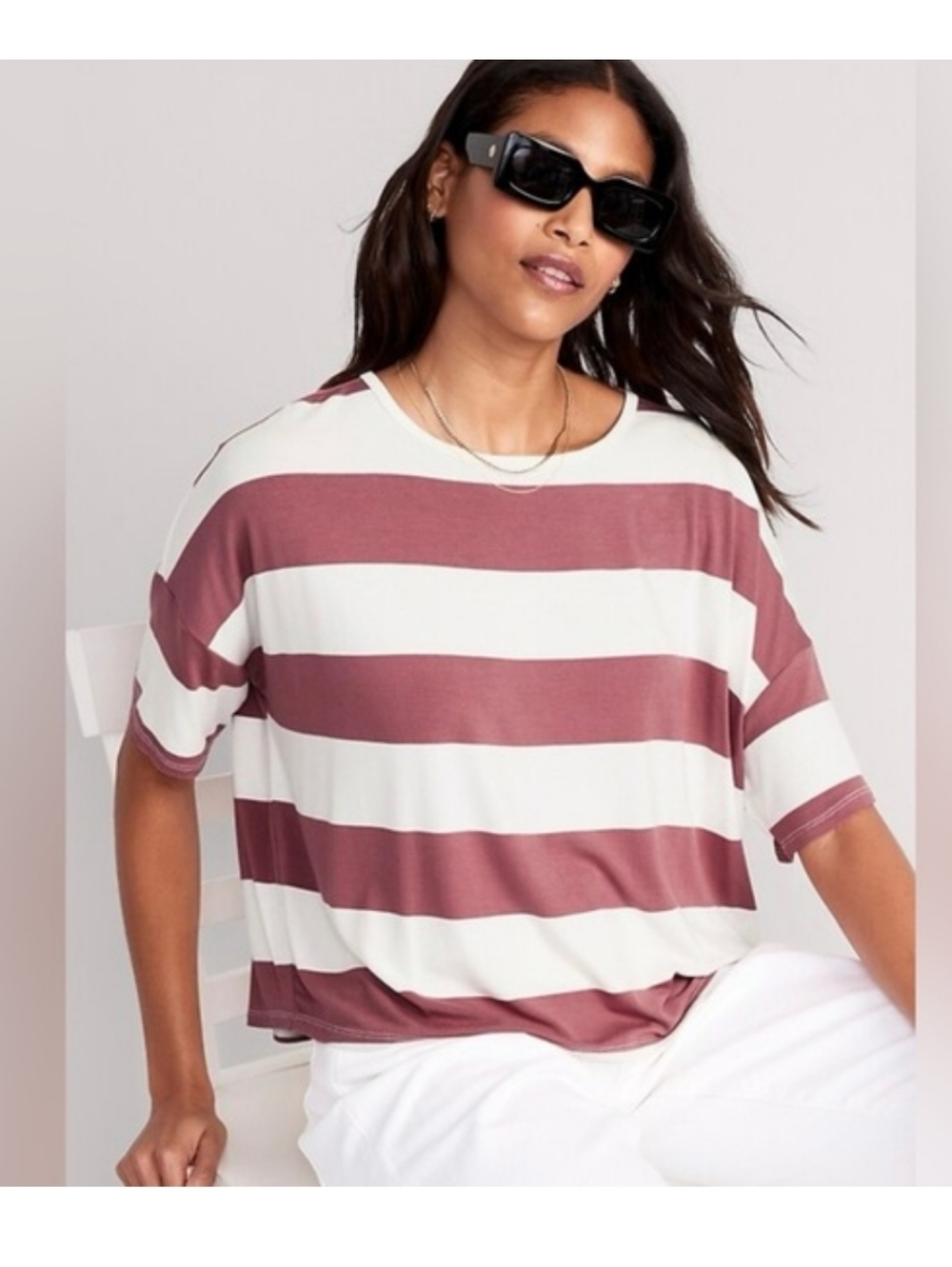 NWT Old Navy Luxe Pink White Wide-Stripe Short Sleeve Oversized Tee Medium
